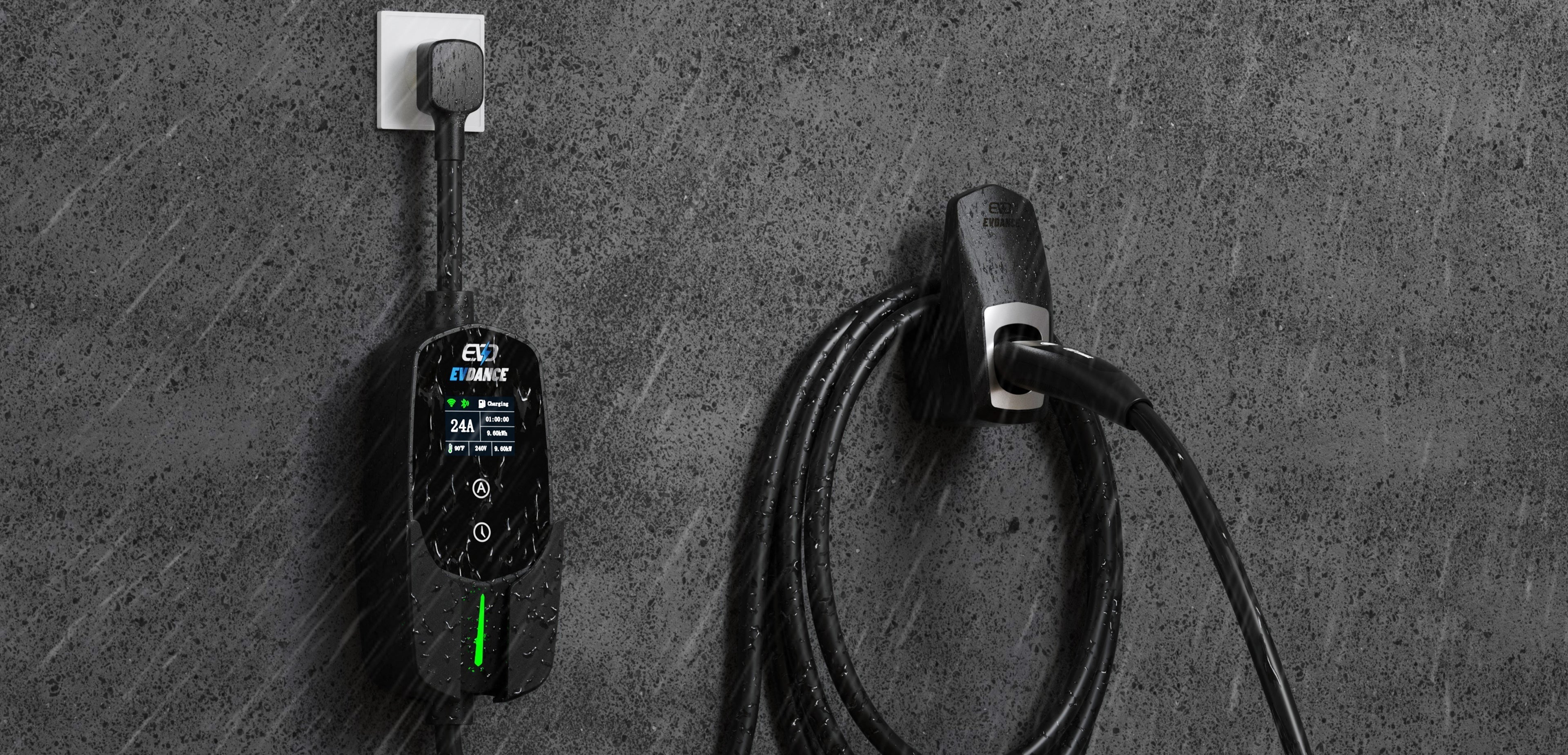 EVDANCE charger working in the rain, showing its IP66 waterproof feature.