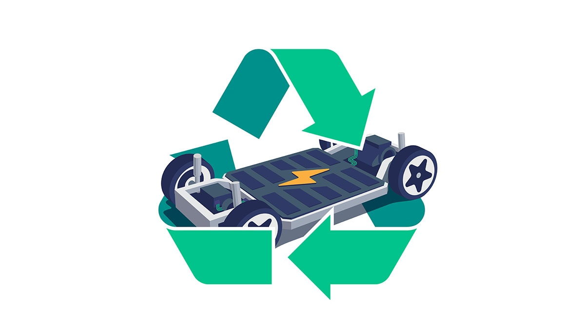 Green recycle symbol with electric vehicle battery and wheels.