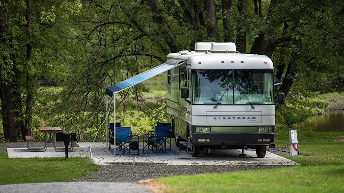 EV camping in forest.