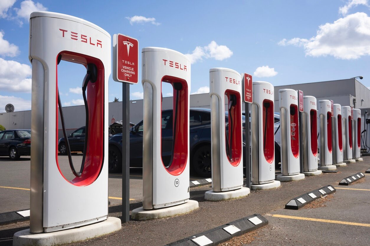 A row of Tesla Superchargers.