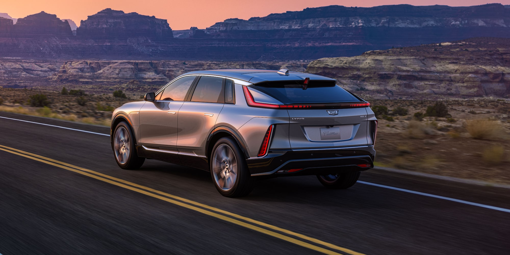 A new EV driving on the road trip.