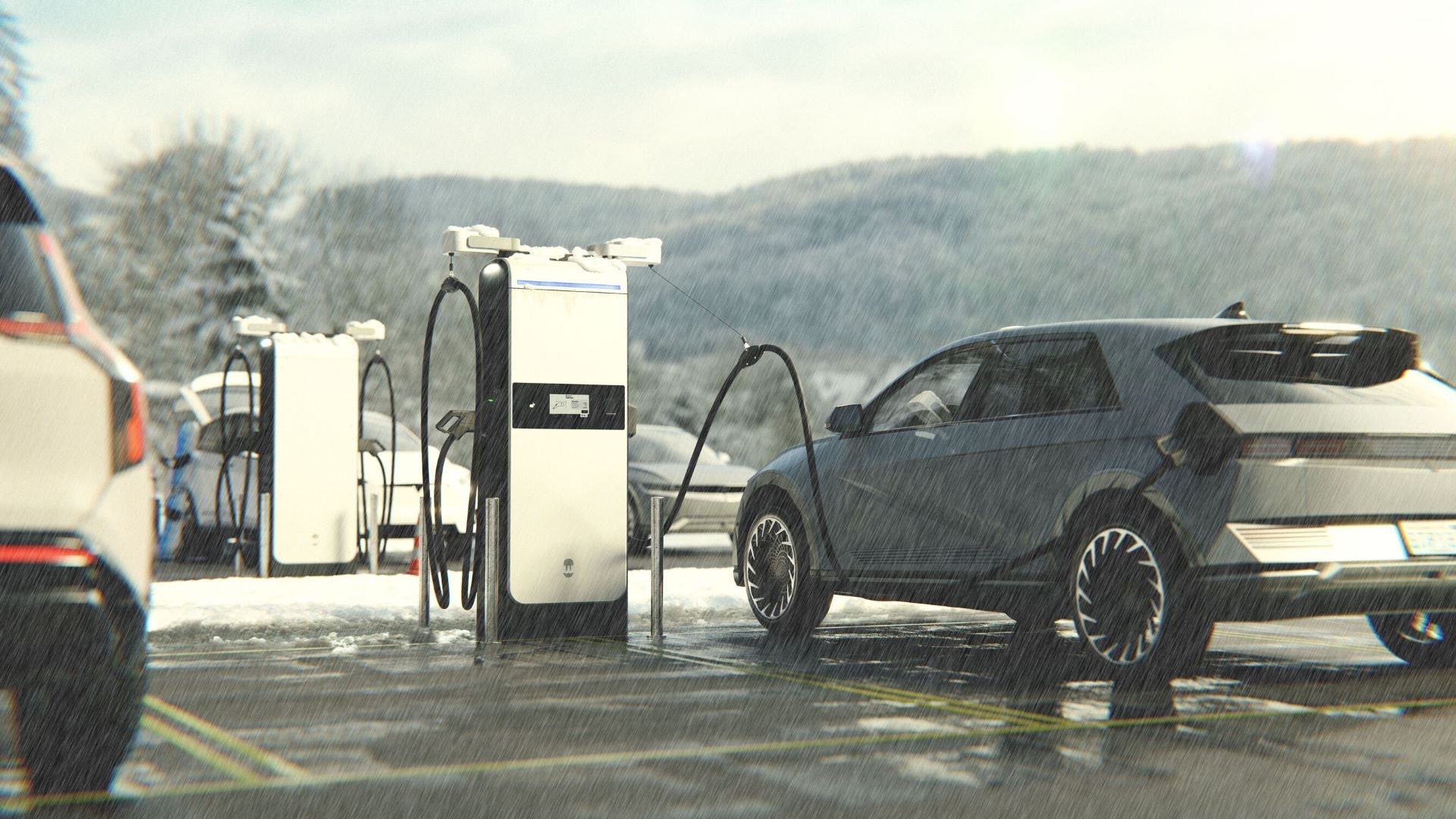 EV charging at rainy day