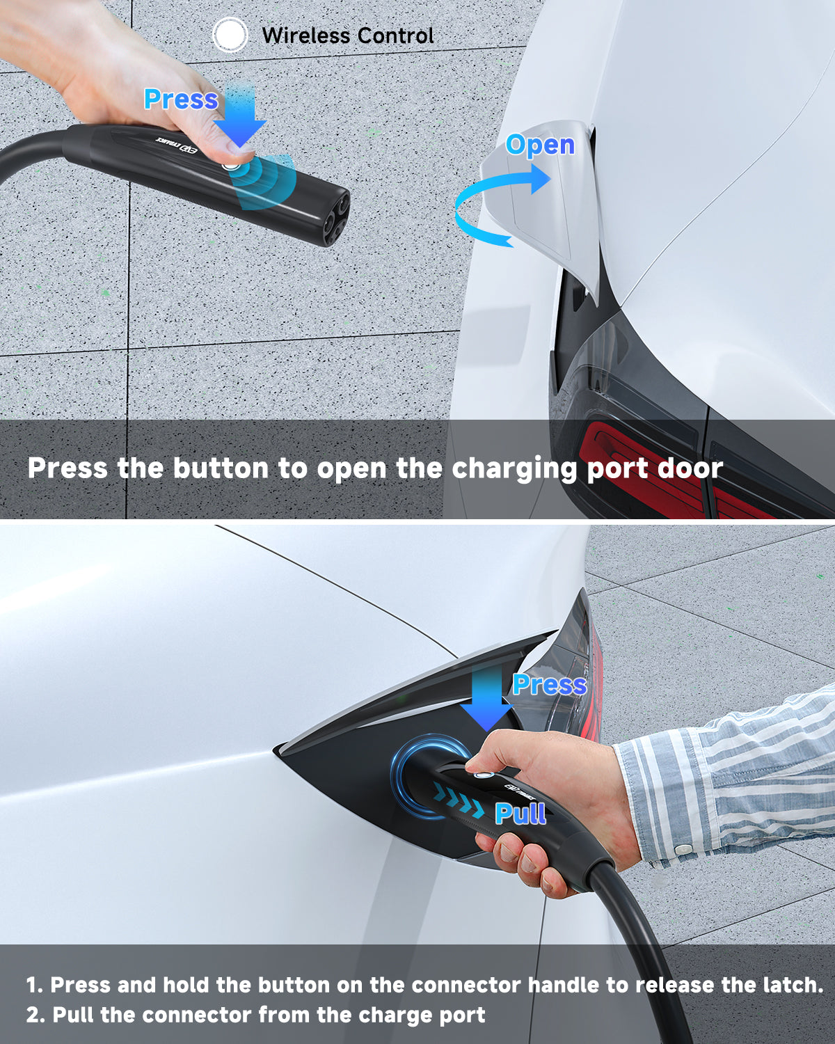 EVDANCE 240V 40A Tesla Portable Home 2 in 1 EV Charger Press and hold the charging gun button to plug into the Tesla charging port to charge.