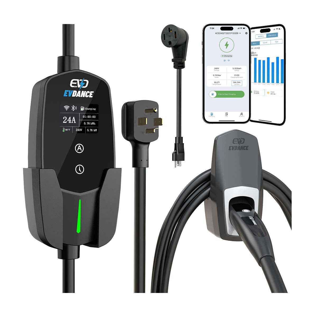 Chargeur EV portable EVDANCE niveau 2 NEMA 14-30 24A NACS