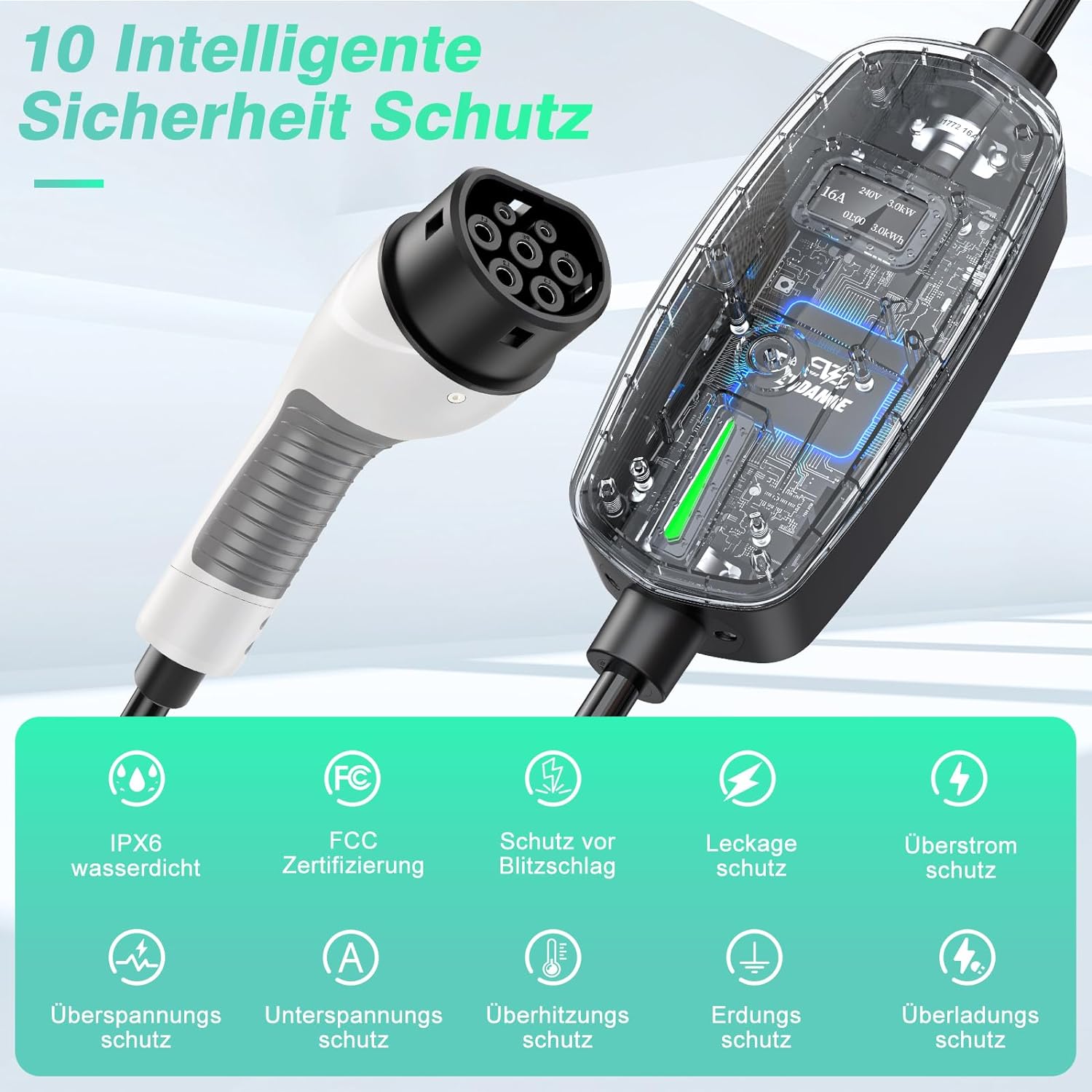 EVDANCE Portable EV charger Adjustable with OLED screen Type 2 Schuko