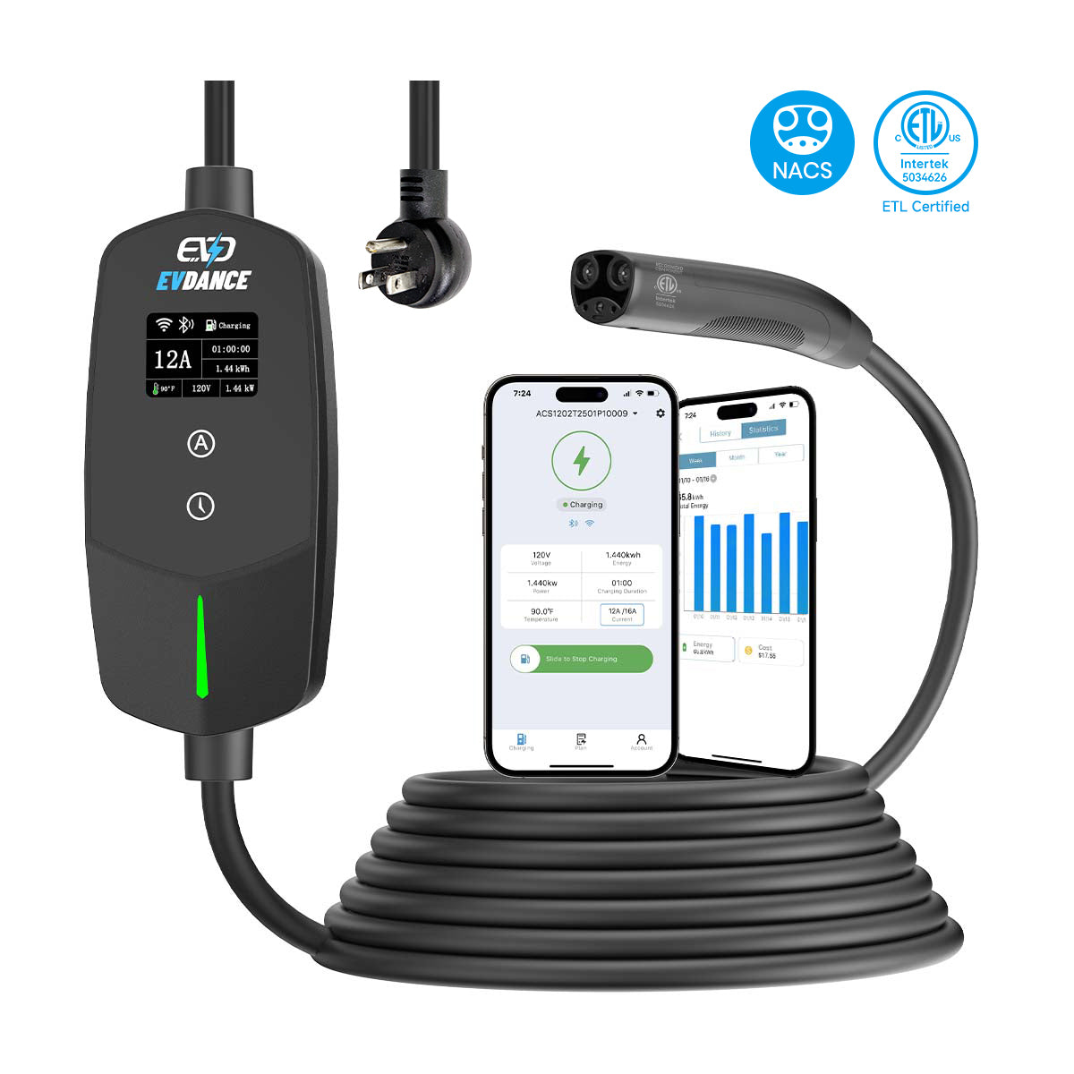 EVDANCE Flux Level 1 NEMA 5-15 Plug 12A NACS/Tesla Portable EV Charger
