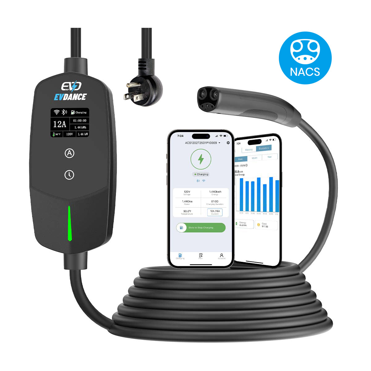 EVDANCE Flux Level 1 NEMA 5-15 Plug 12A NACS/Tesla Portable EV Charger