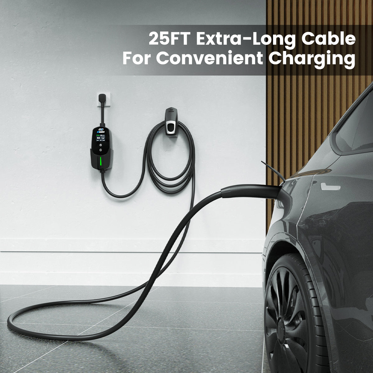 The EVDANCE Level 2 NEMA 14-30 Plug 24A Tesla Portable EV(Electric Vehicle) Charger has 25FT extra-long cable for convenient charging.