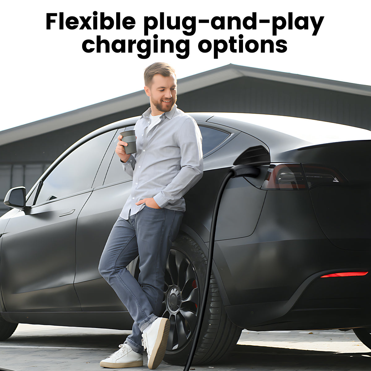 The EVDANCE Level 2 NEMA 14-30 Plug 24A Tesla Portable Electric Vehicle (EV) Charger allows for flexible plug-and-play charging.