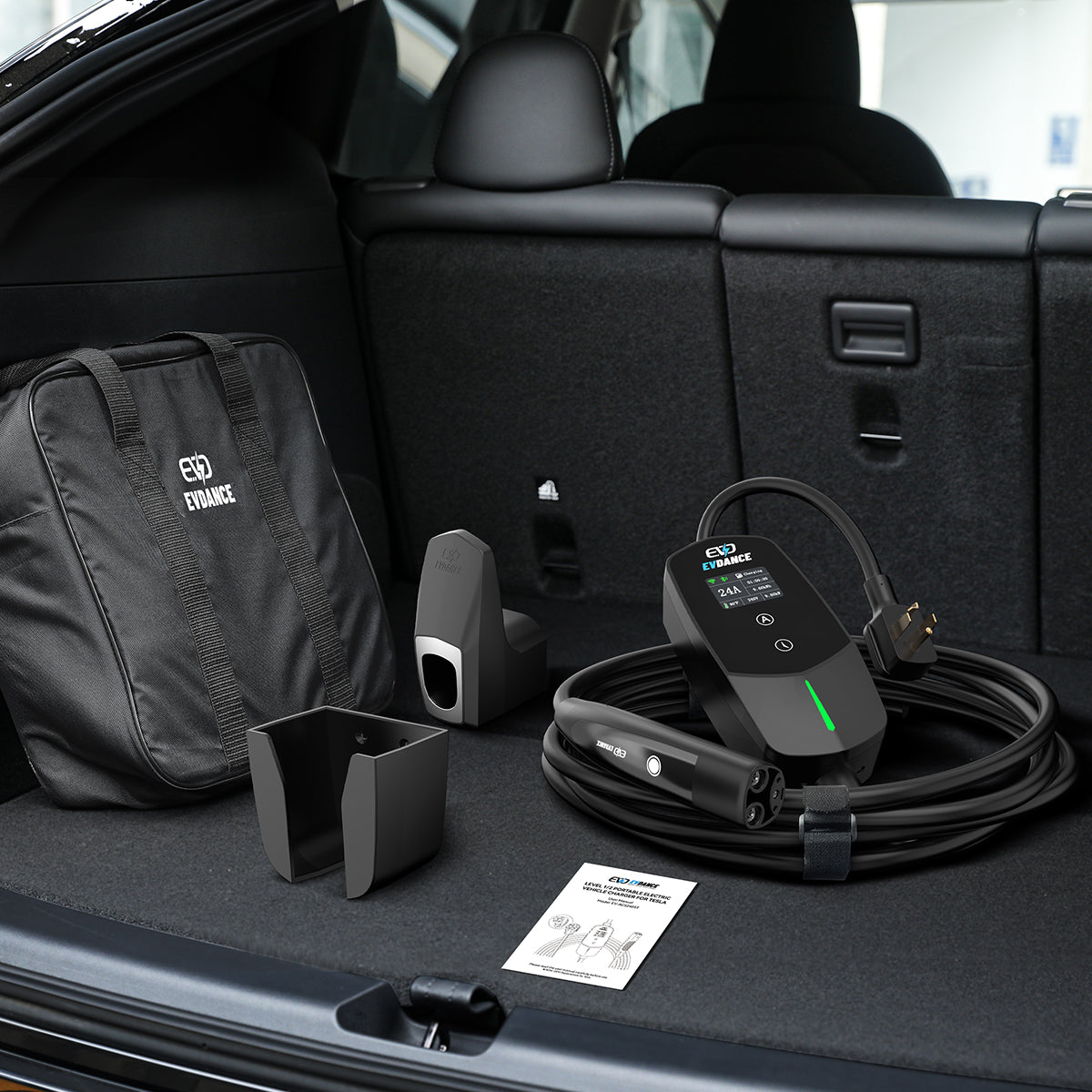 The EVDANCE Level 2 NEMA 14-30 Plug 24A Tesla Portable Electric Vehicle (EV) Charger packing list: Charger holder, carrying bag, connector holder, user manual and the charger with 25FT cable, NEMA 14-30 Plug and velcro straps.