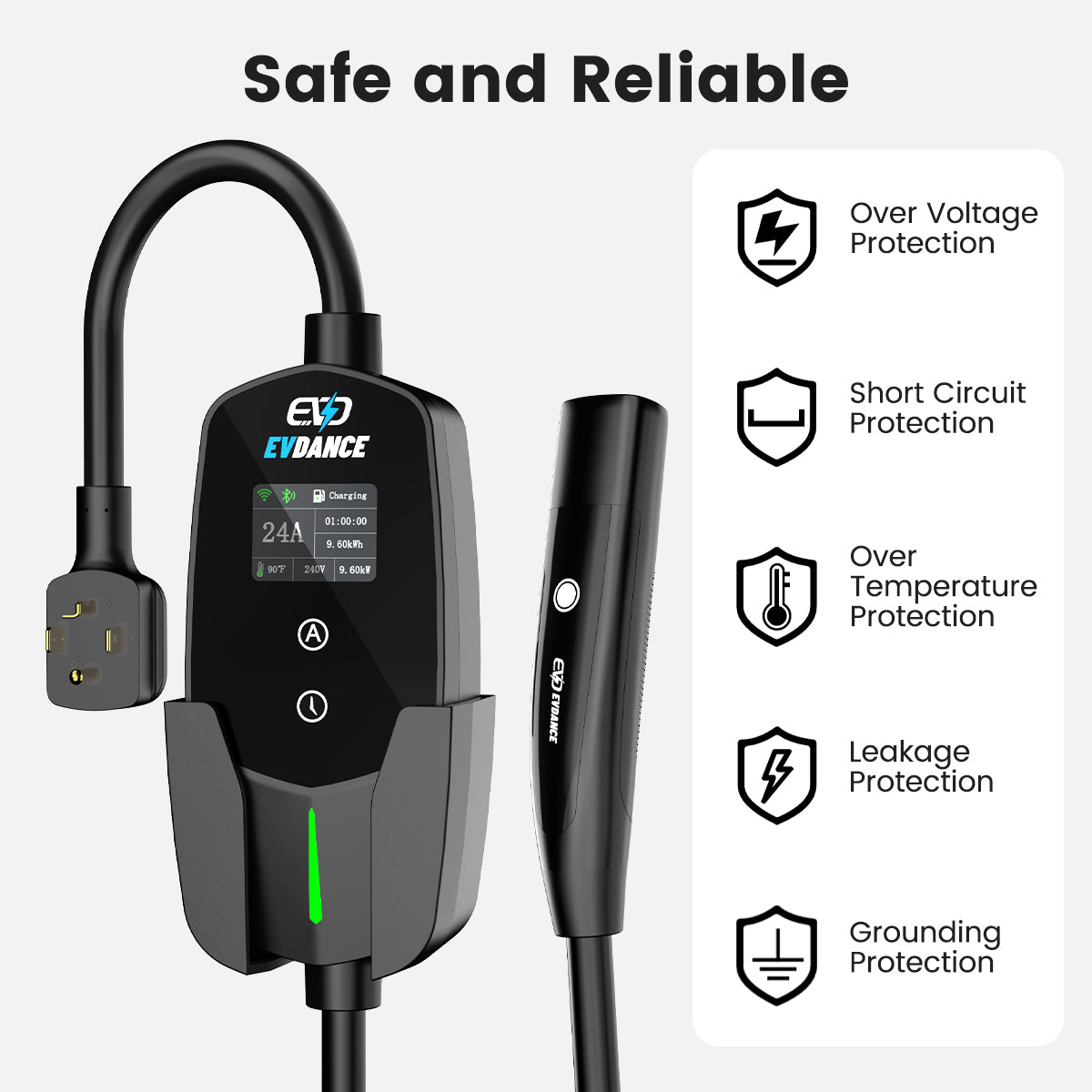 EVDANCE Level 2 NEMA 14-30 Plug 24A Tesla Portable EV(Electric Vehicle) Charger has Over Voltage, short circuit portection, over temperature protection, leakage protection and grounding protection.