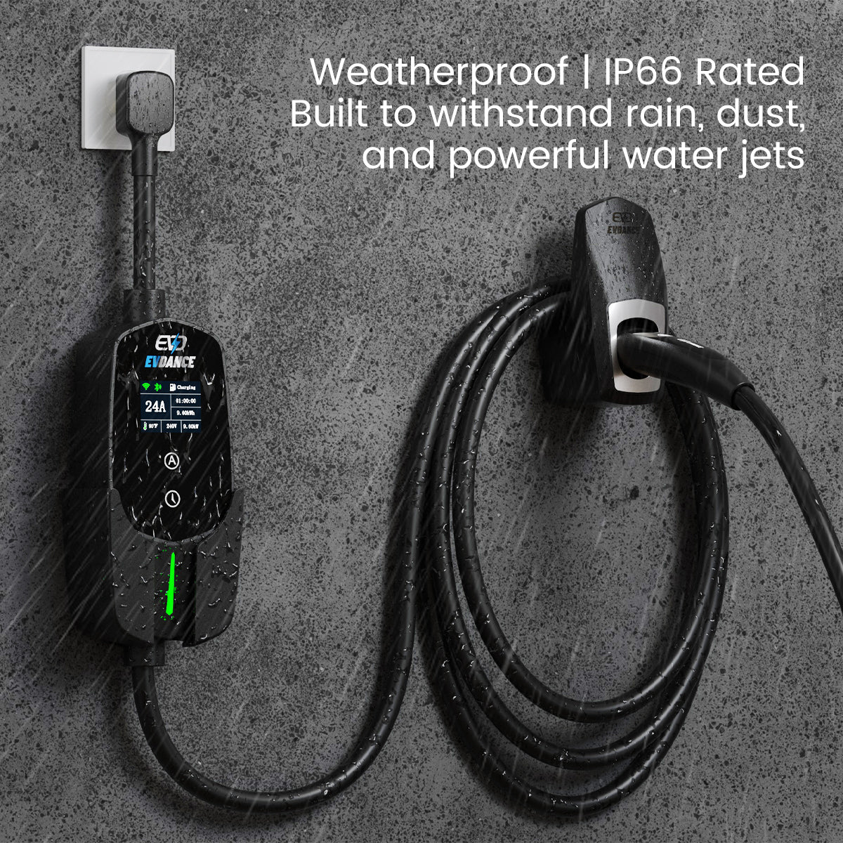 The EVDANCE Level 2 NEMA 14-30 Plug 24A Tesla Portable Electric Vehicle (EV) Charger Weatherproof | IP66 Rated, built to withtand rain, dust and powerful water jets.