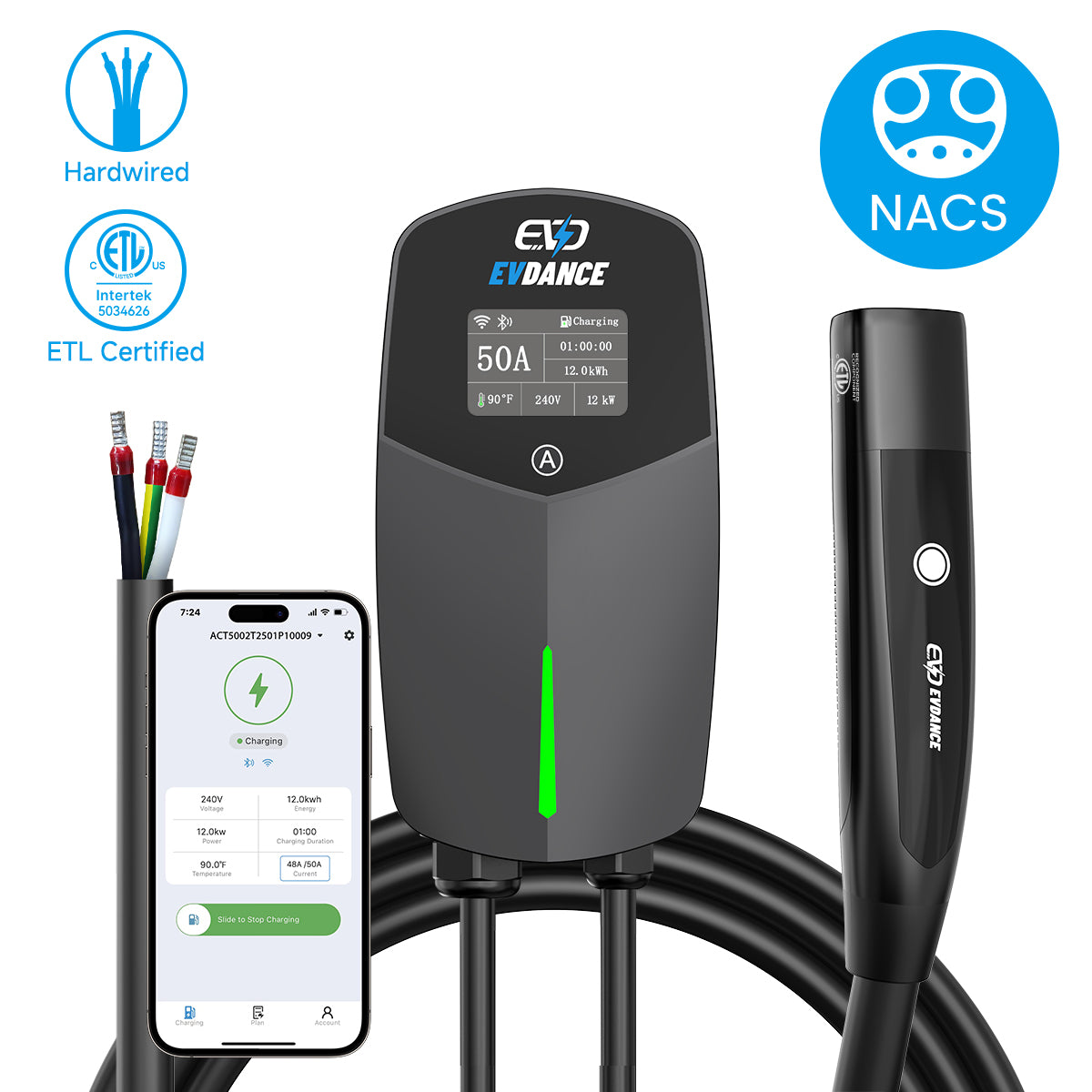 EVDANCE 240V 40A Tragbares 2-in-1-EV-Ladegerät für Tesla