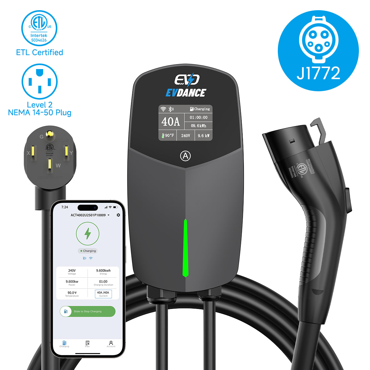 EVDANCE Flux Pro Home Level 2 J1772 EV Charging Station Wifi Enabled ETL Certified