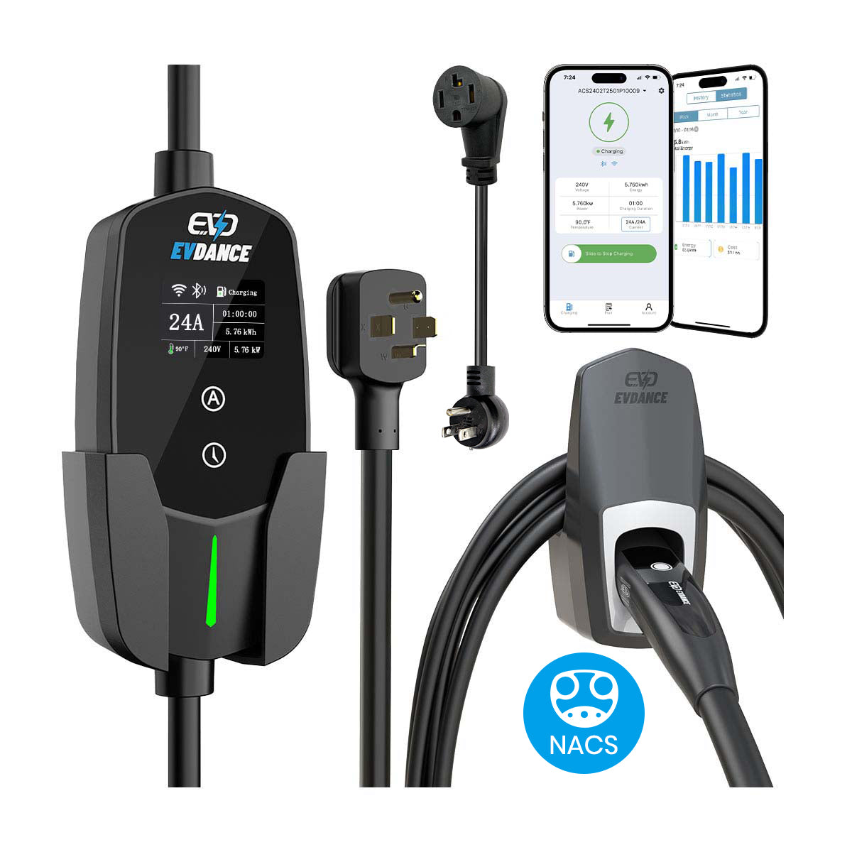 Chargeur EV portable EVDANCE niveau 2 NEMA 14-30 24A NACS