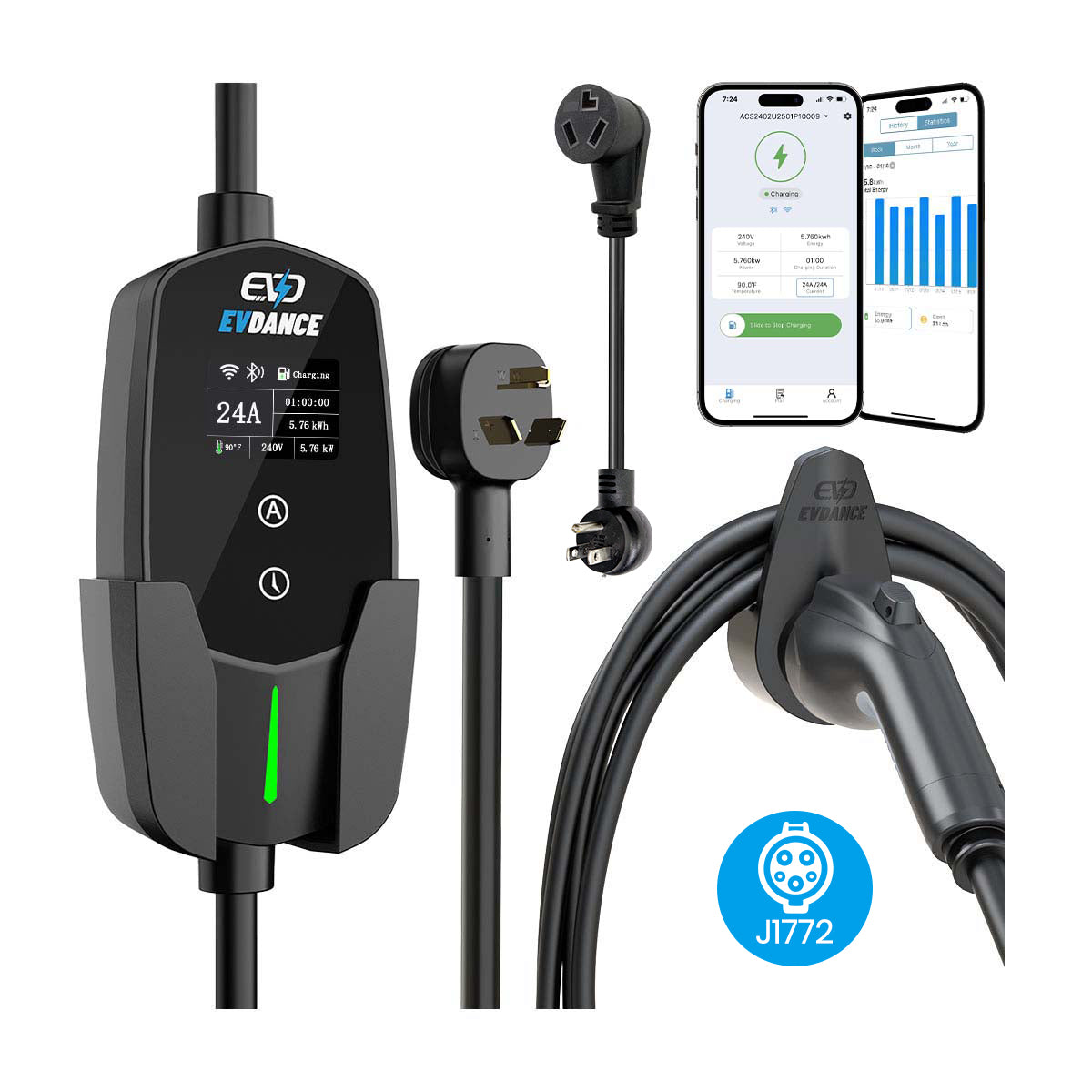 EVDANCE 240 V 40 A Tragbares 2-in-1-Ladegerät für Elektrofahrzeuge