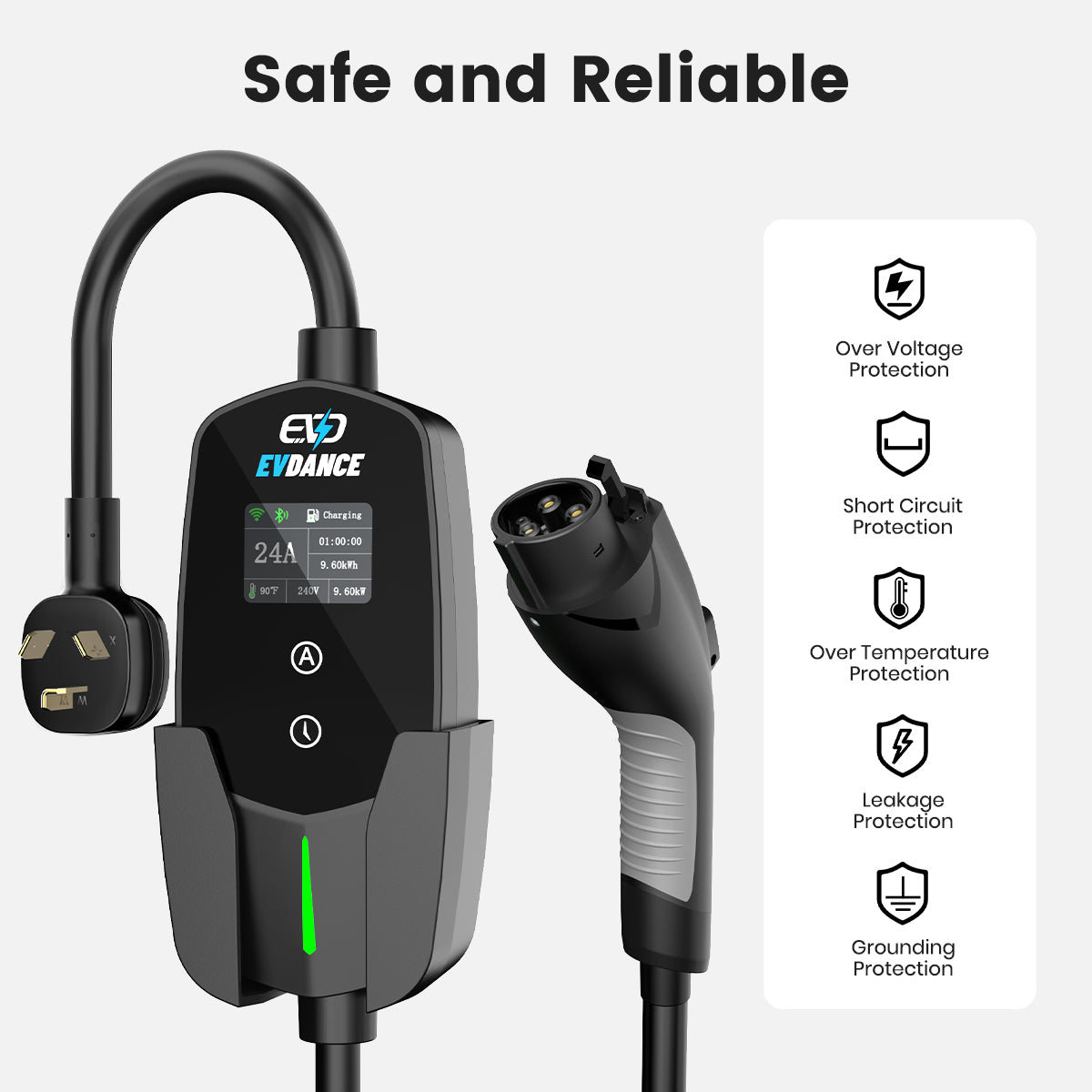 EVDANCE NEMA Level 2 10-30 Plug 24A J1772 Portable EV(Electric Vehicle) Charger has Over Voltage, short circuit portection, over temperature protection, leakage protection and grounding protection.