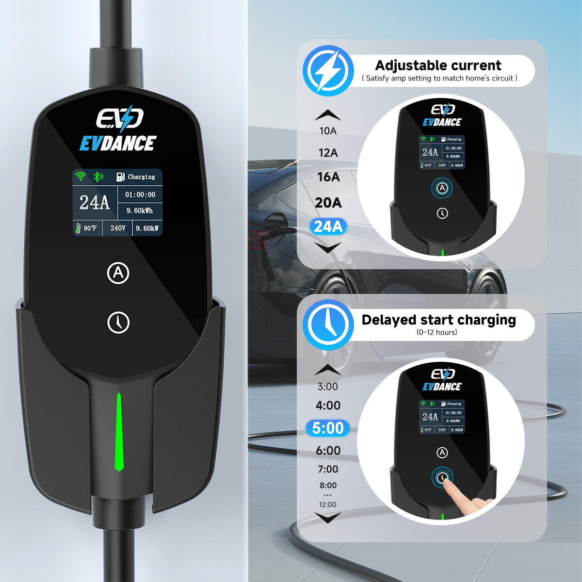 The EVDANCE Level 2 NEMA 10-30 Plug 24A J1772 Portable Electric Vehicle (EV) Charger allows for adjustable current and deayed start charging of 0 to 12 hours