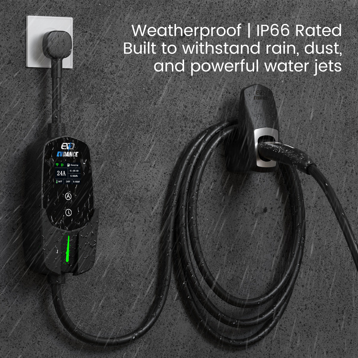 A EVDANCE Level 2 NEMA 10-30 Plug 24A Portable IP66 EV Charger Charging the Tesla Model Y in a Light Rain.