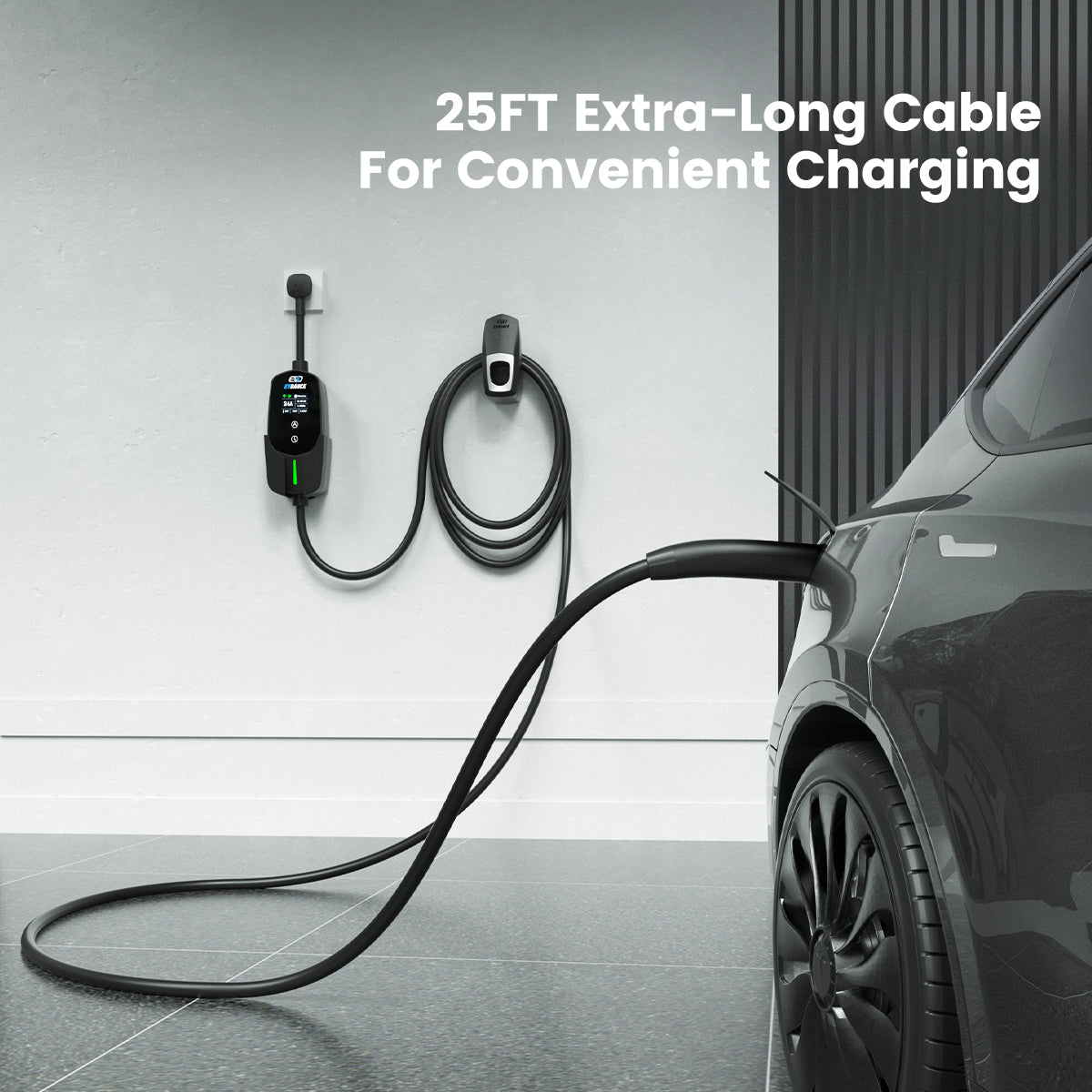 The EVDANCE NEMA 10-30 Plug 24A Tesla Portable EV(Electric Vehicle) Charger has 25FT extra-long cable for convenient charging.