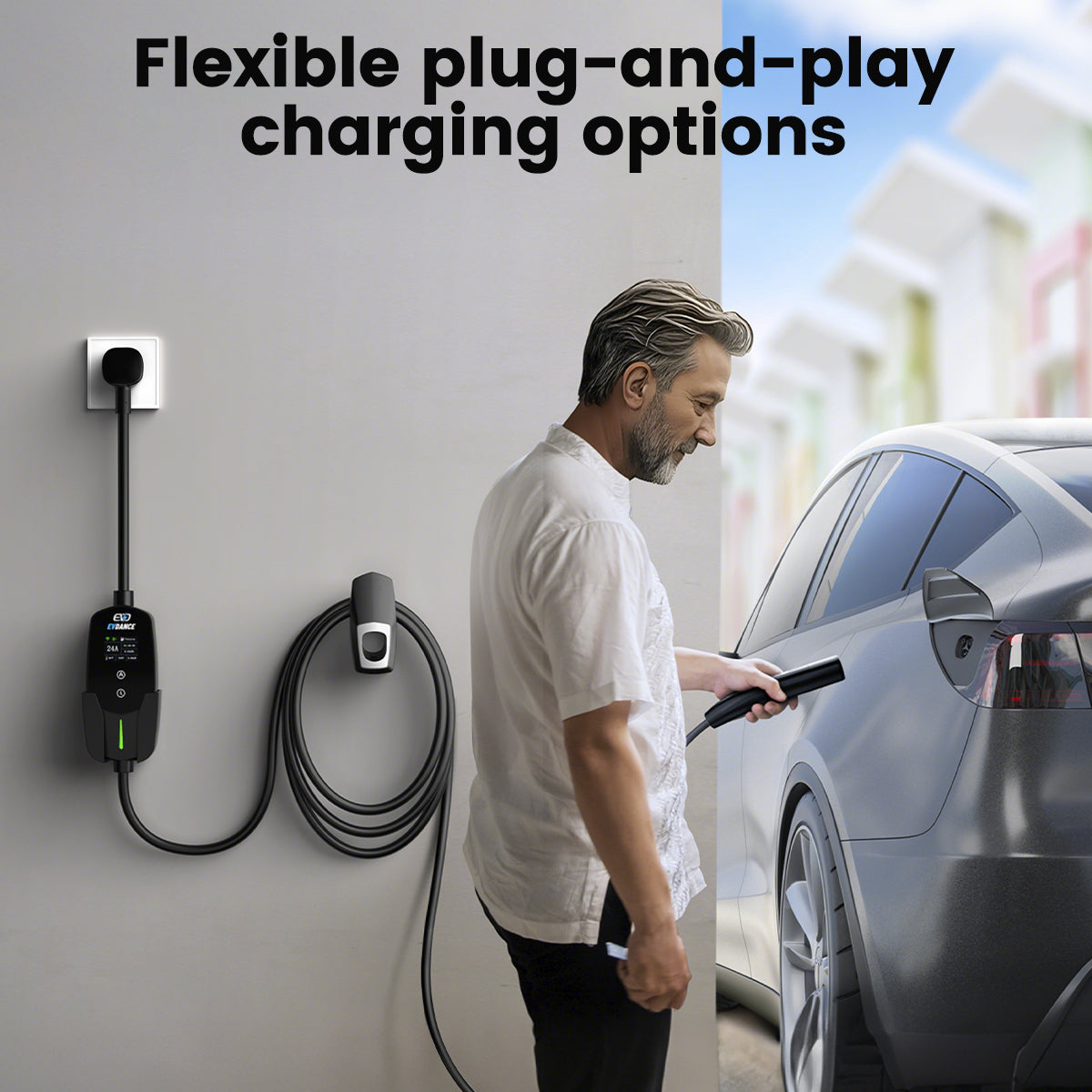 The EVDANCE Level 2 NEMA 10-30 Plug 24A Tesla Portable Electric Vehicle (EV) Charger allows for flexible plug-and-play charging.