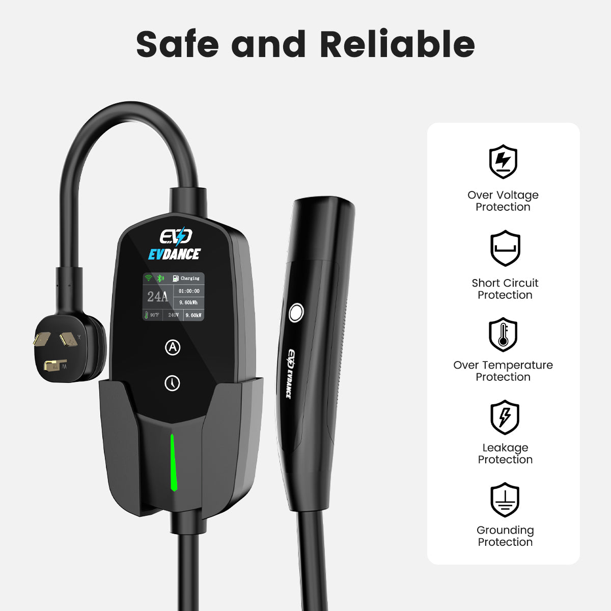 EVDANCE Level 2 NEMA 10-30 Plug 24A Tesla Portable EV(Electric Vehicle) Charger has Over Voltage, short circuit portection, over temperature protection, leakage protection and grounding protection.