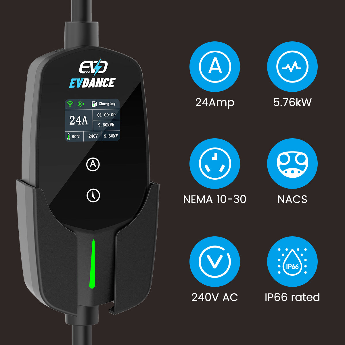 The EVDANCE Level 2 NEMA 10-30 Plug 24A AC 240V NACS Portable Electric Vehicle (EV) Charger - IP66 rated