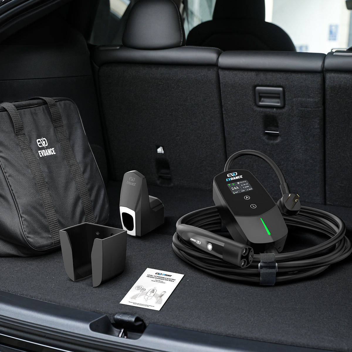 EVDANCE Level 2 NEMA 10-30 Plug 24A Portable EV Charger, a connector holder, a charger holder, a product manuals and a carrying bag.