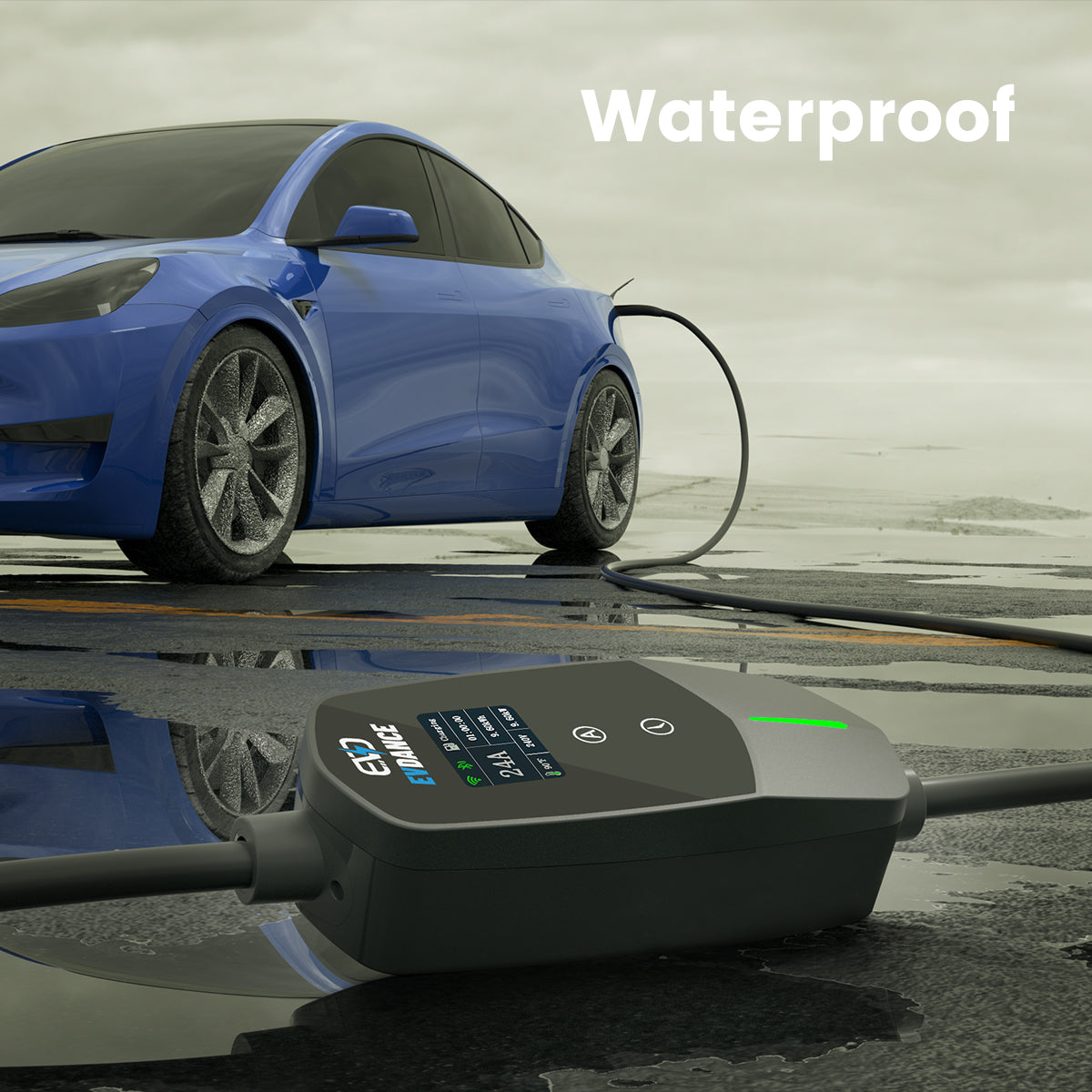 The EVDANCE Level 2 NEMA 10-30 Plug 24A Tesla Portable EV(Electric Vehicle) Charger has an IP66 waterproof rating.