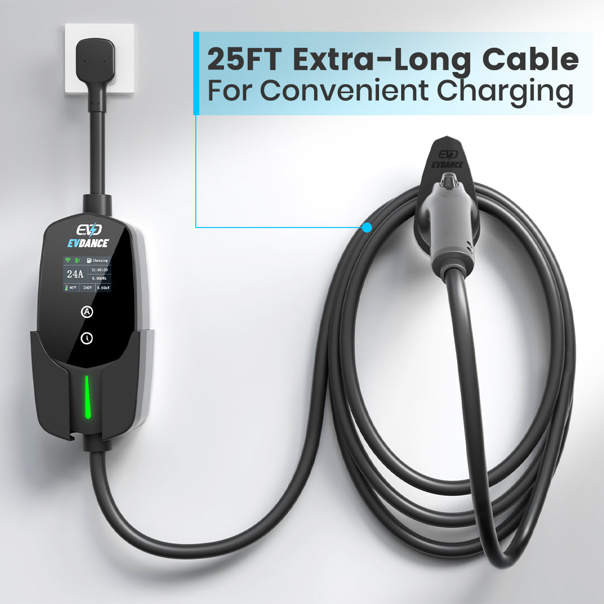 The EVDANCE Level 2 NEMA 14-30 Plug 24A J1772 Portable EV(Electric Vehicle) Charger has 25FT extra-long cable for convenient charging.
