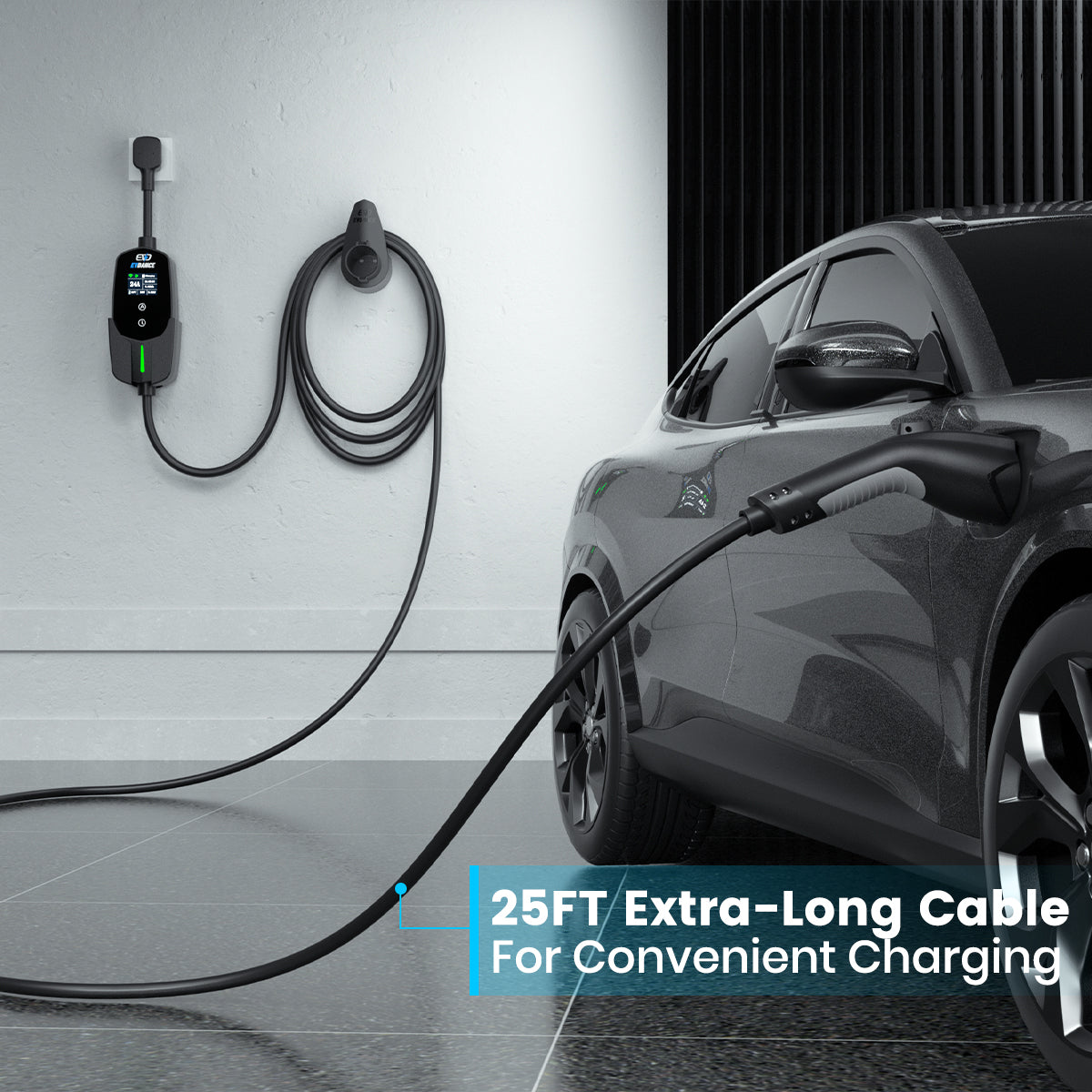 The EVDANCE Level 2 NEMA 14-30 Plug 24A J1772 Portable EV(Electric Vehicle) Charger has 25FT extra-long cable for convenient charging.