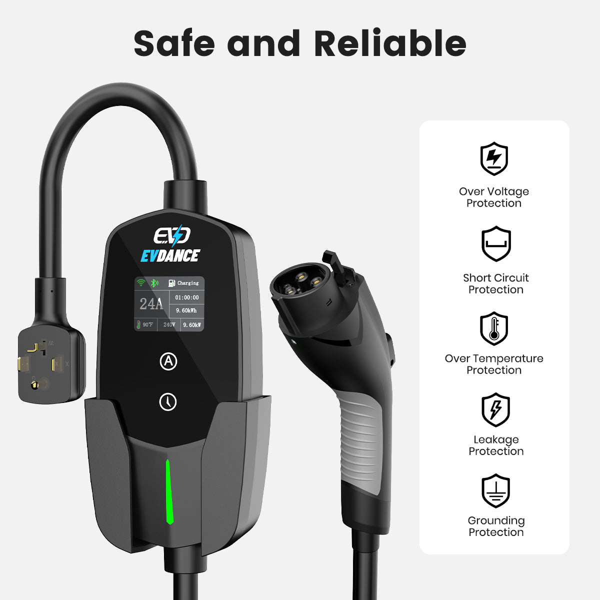 EVDANCE Level 2 NEMA 14-30 Plug 24A J1772 Portable EV(Electric Vehicle) Charger has Over Voltage, short circuit portection, over temperature protection, leakage protection and grounding protection.
