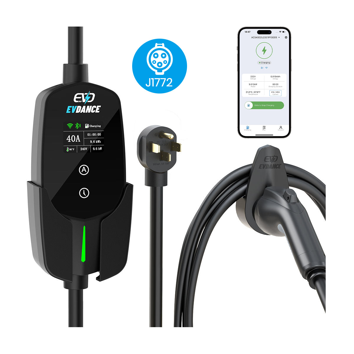 EVDANCE 240V 40A Tragbares 2-in-1-EV-Ladegerät für Tesla