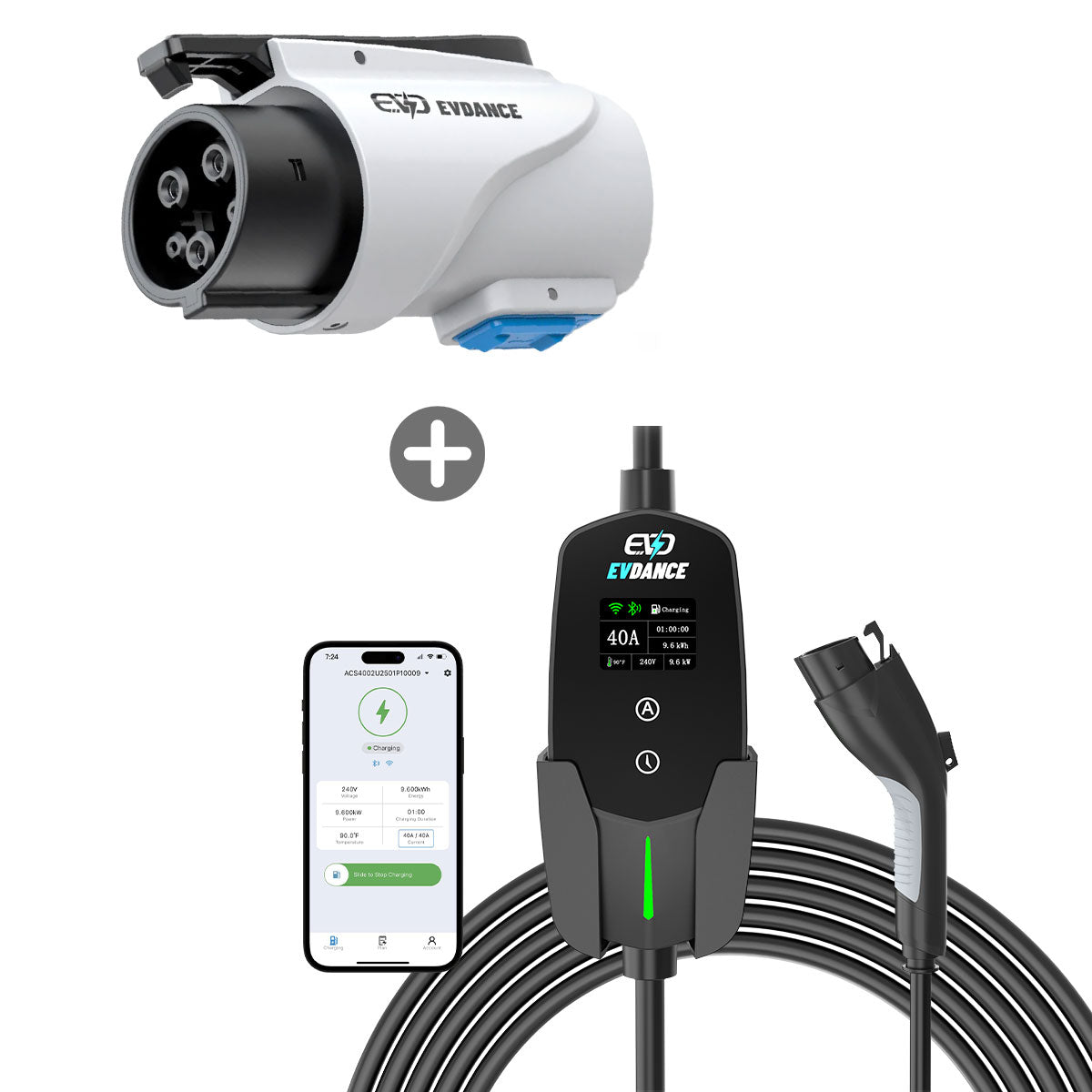 EVDANCE Flux Level 2 NEMA 14-50 Plug 40A J1772 Portable EV Charger + NACS To J1772 Adapter 80A Max