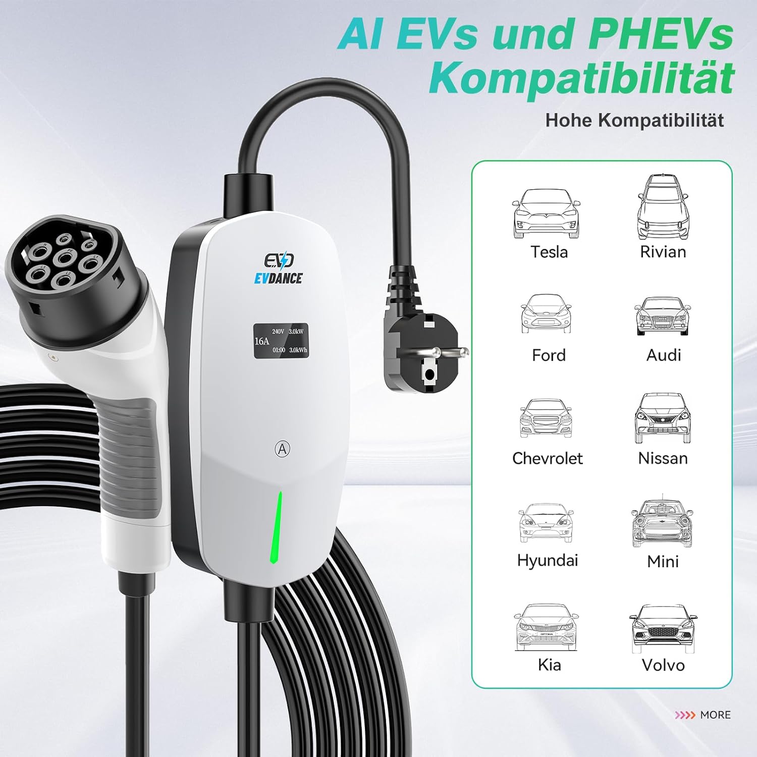EVDANCE Portable EV charger Adjustable with OLED screen Type 2 Schuko