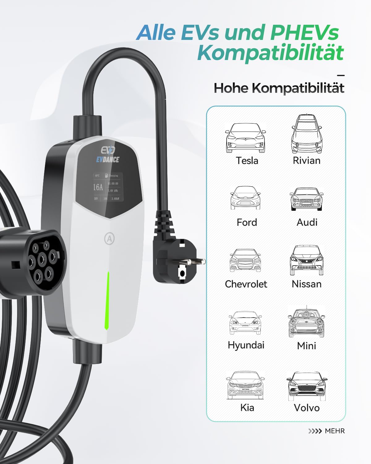 EVDANCE  Portable Adjustable Type 2 Schuko EV Charger 16A 6.1M