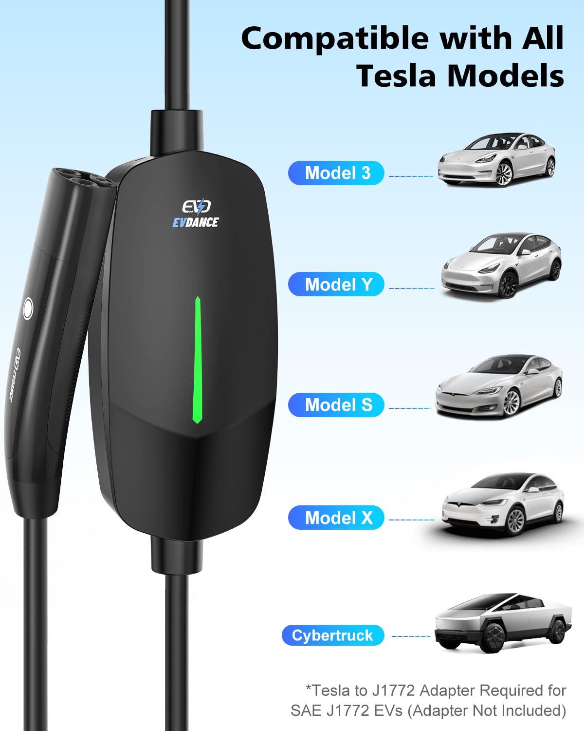 EVDANCE Portable Tesla Level 1 EV Charger | 110V &240V| 16 Amp | NEMA 5-15&6-20