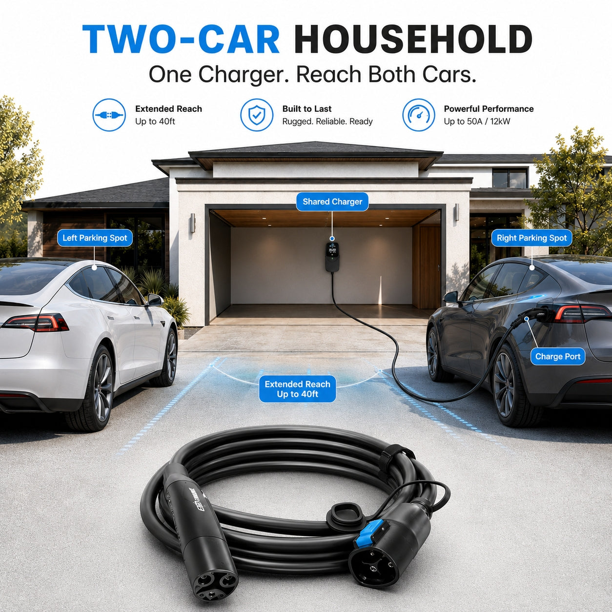 EVDANCE Nexus Reach Tesla EV Charging Extension Cords 40A 21FT