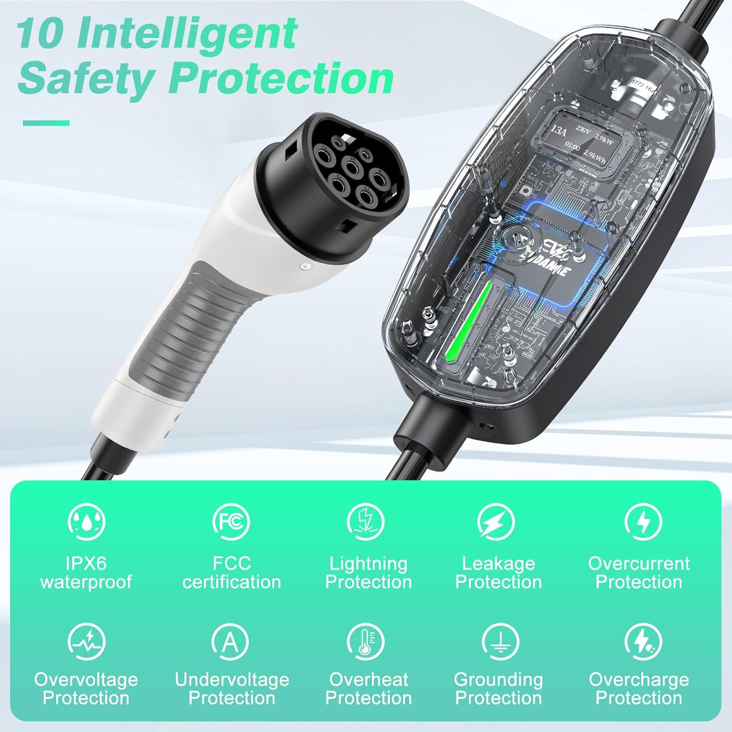 EVDANCE Portable Electric Car Adjustable Current  Type 2 Charger with OLED Large Screen