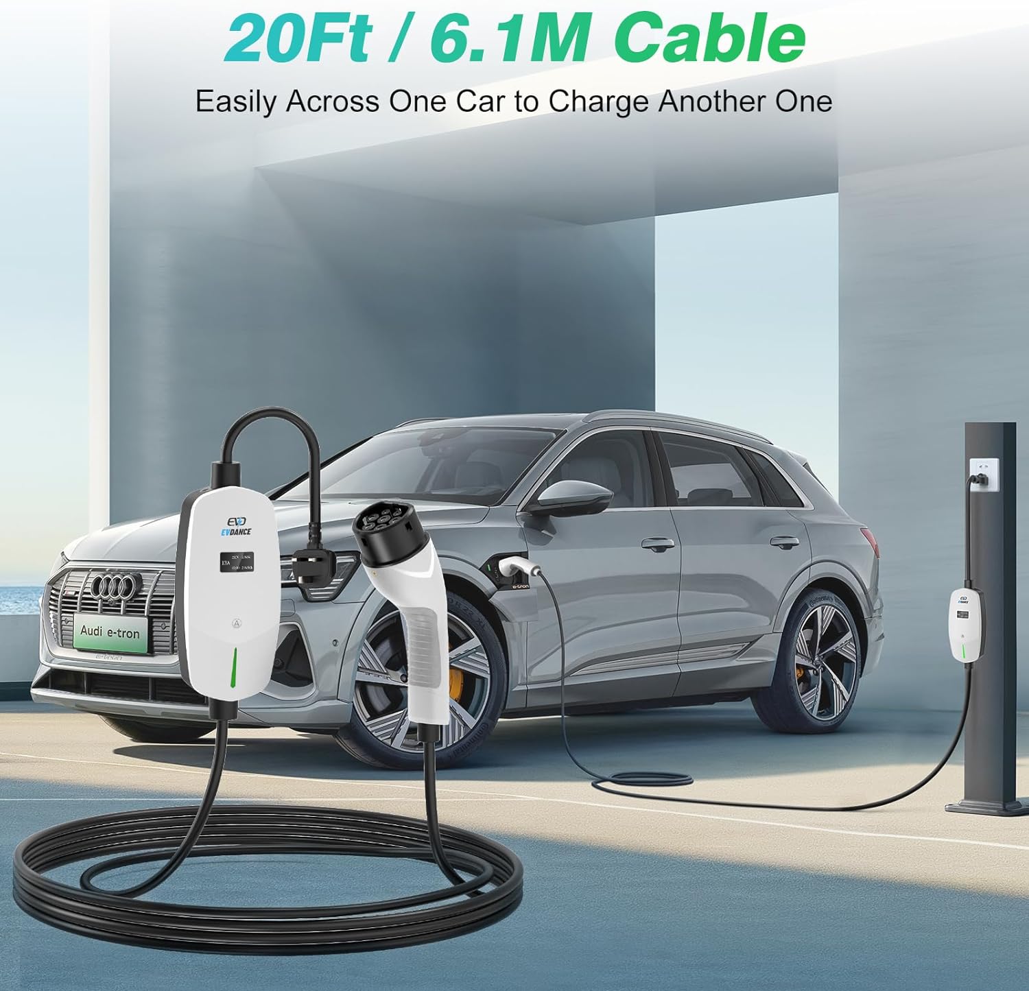 EVDANCE Portable Electric Car Adjustable Current  Type 2 Charger with OLED Large Screen