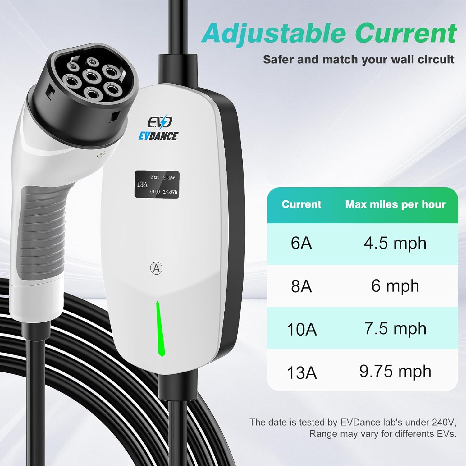 EVDANCE Portable Electric Car Adjustable Current  Type 2 Charger with OLED Large Screen
