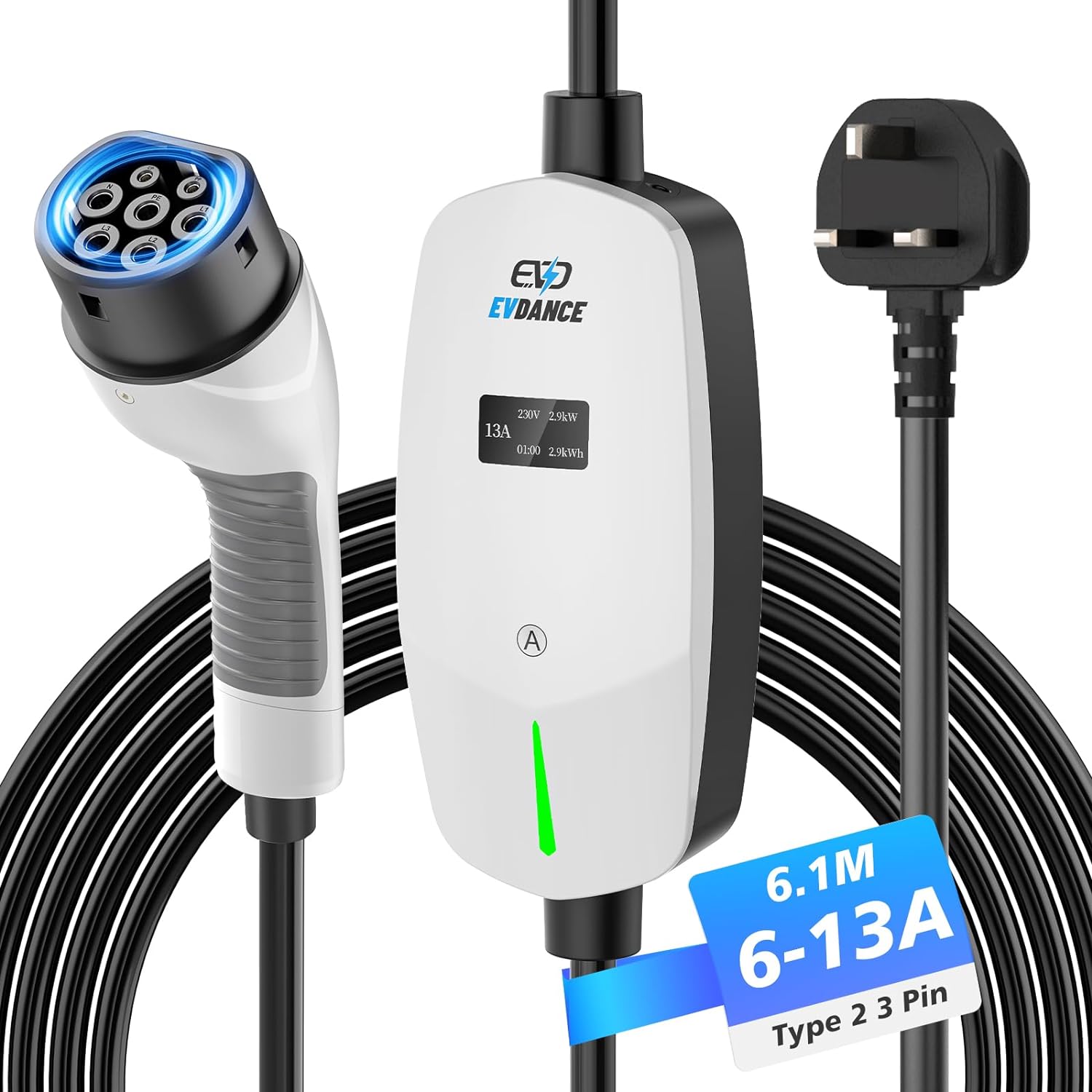 EVDANCE Portable Electric Car Adjustable Current  Type 2 Charger with OLED Large Screen