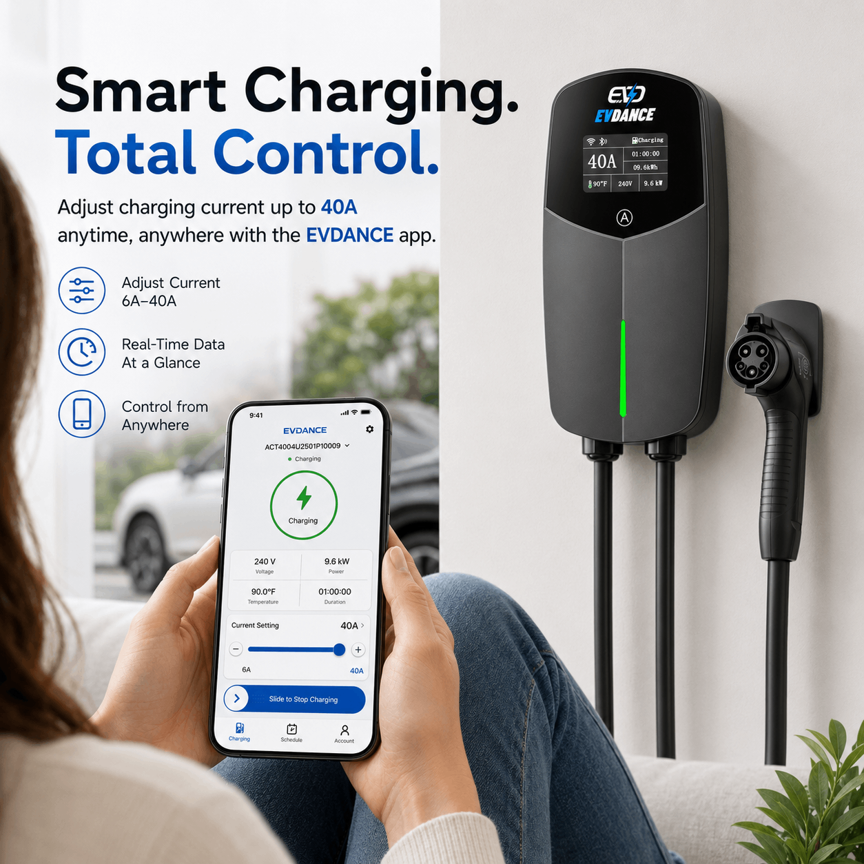 EVDANCE 240V 40A Tragbares 2-in-1-EV-Ladegerät für Tesla
