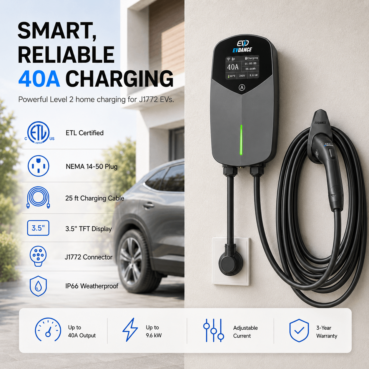 EVDANCE 240V 40A Tragbares 2-in-1-EV-Ladegerät für Tesla
