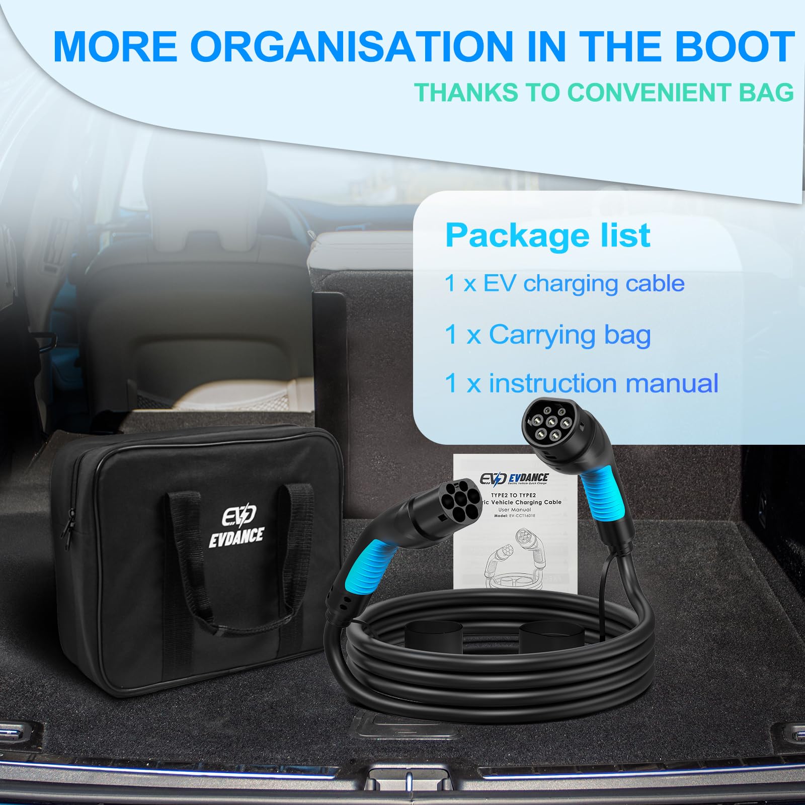 EVDANCE Type 2 to Type 2 EV Charging Extension Cable 1 Phase
