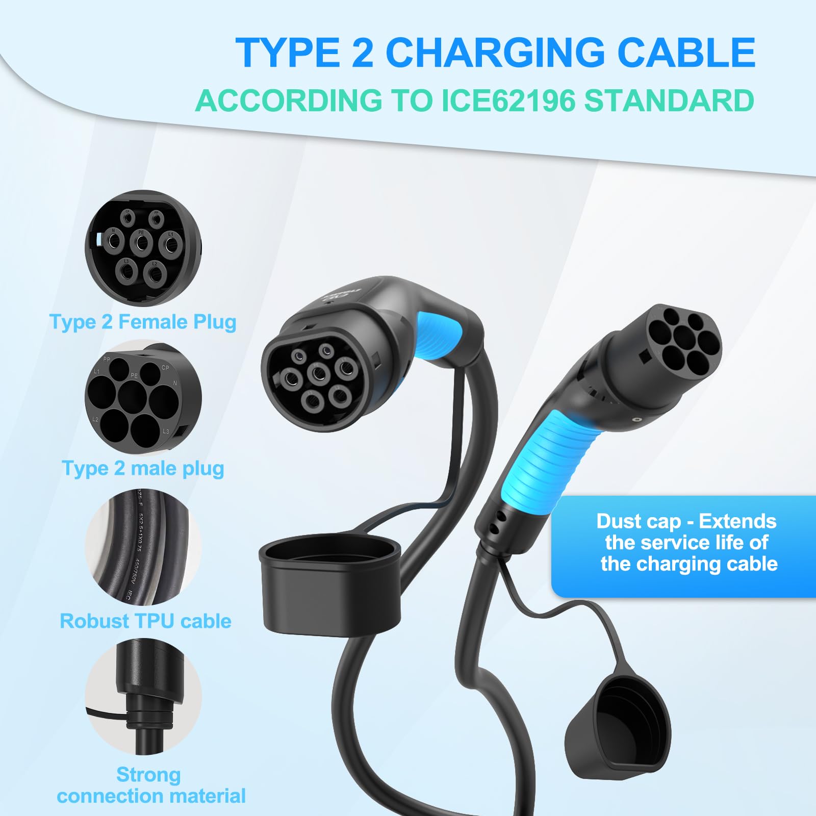 EVDANCE Type 2 to Type 2 EV Charging Extension Cable 1 Phase