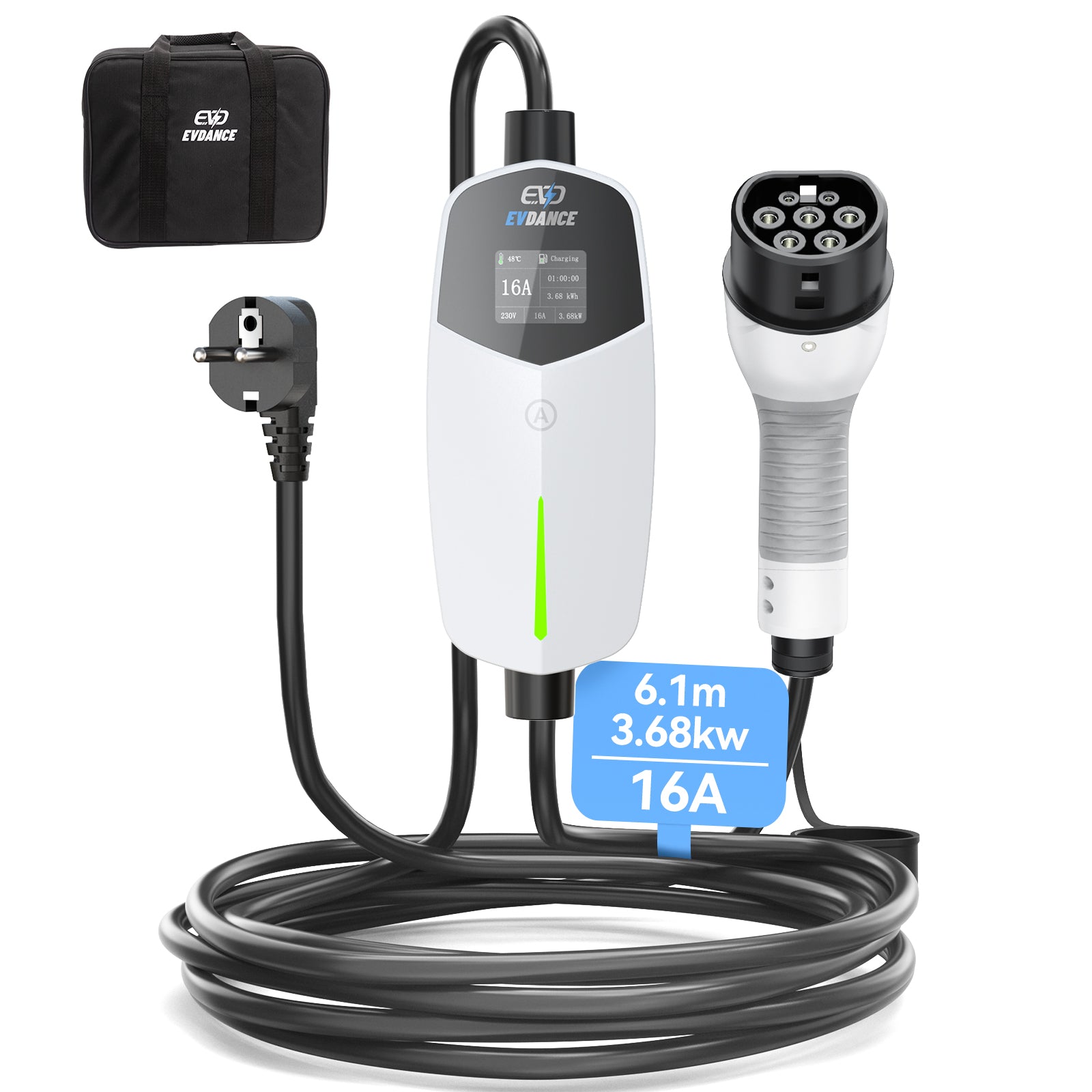 EVDANCE  Portable Adjustable Type 2 Schuko EV Charger 16A 6.1M