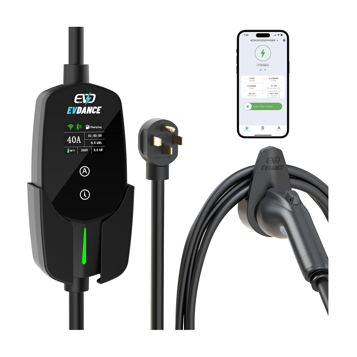EVDANCE Flux Level 2 NEMA 14-50 40A J1772 Portable EV Charger Wifi Enabled