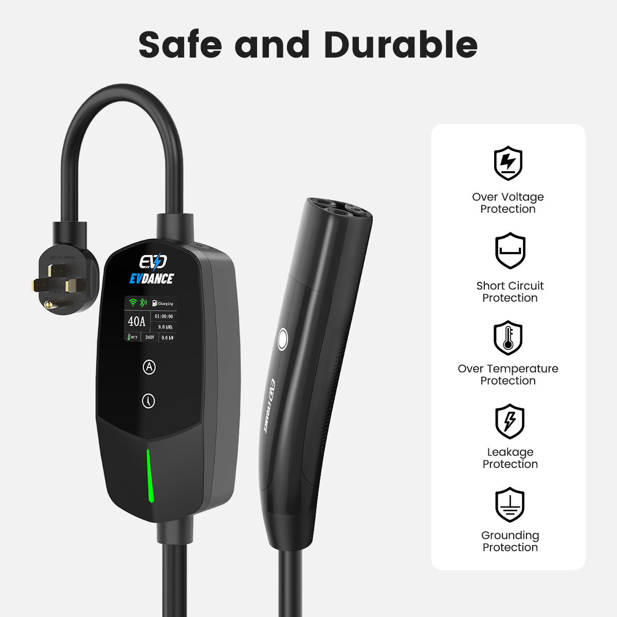 On the left is the EVDANCE Flux Tesla Portable Charger, and on the right are five icons that say Over Voltage Protection, Short Circuit Protection, Ove Temperature Protection, Leakage Protection and Grounding Protection.