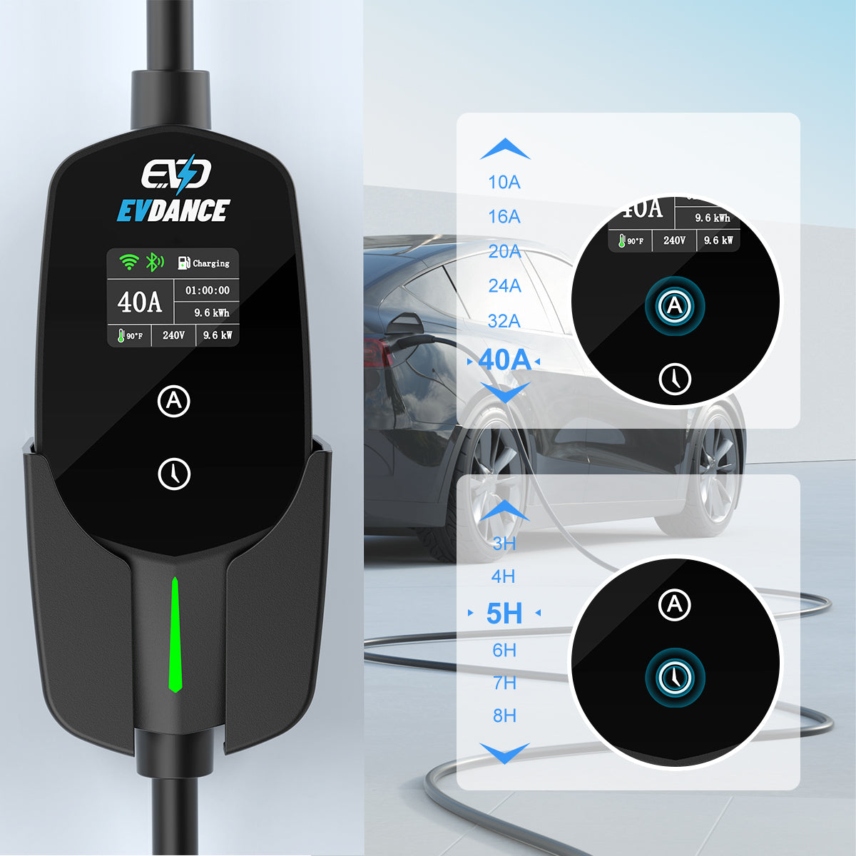 On the left is the charging case for the EVDANCE Flux Tesla Portable Charger, and on the right side, top and bottom, are sliders for adjusting the current and for adjusting the charging time, respectively.